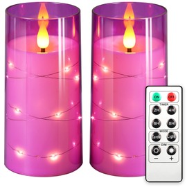 NURADA 3"x6"Flickering Flameless Candles: Built-in Star String Lights 3D Wick Unbreakable Glass Battery Operated LED Pillar Candles - Acrylic Battery Candles with Remote and Timer, Purple
