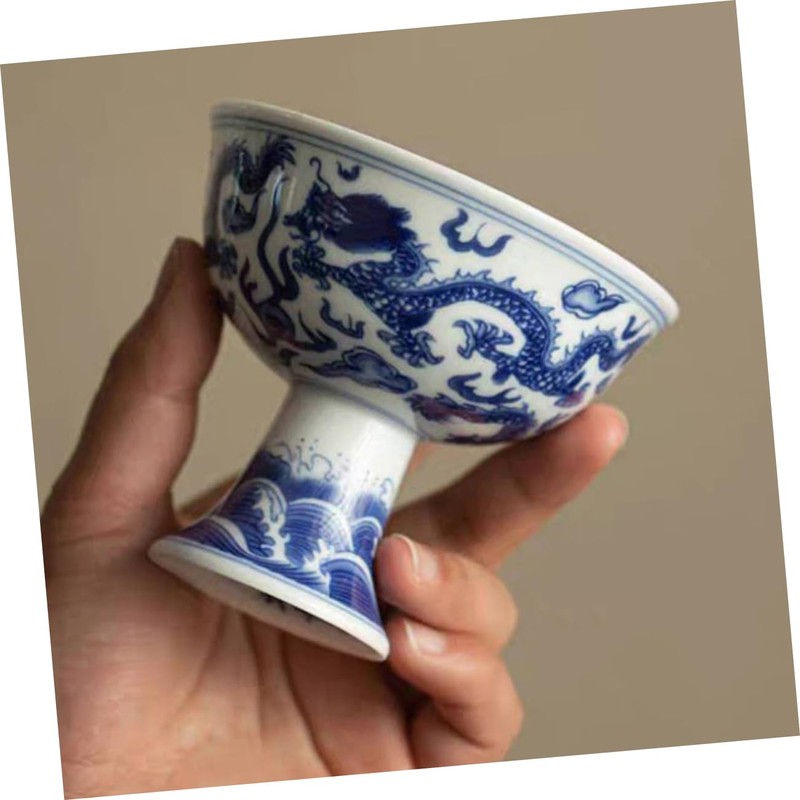 FUNOMOCYA Ceramic High Foot Tea Cup Blue and Design Tea