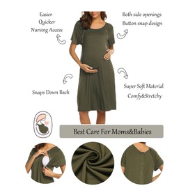 Ekouaer Women’s Nursing/Delivery/Labor/Hospital Nightdress Short Sleeve Maternity Nightgown with Snap Army Green