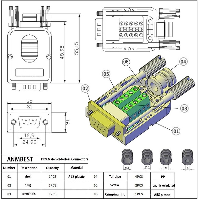 2PCS DB9 Solderless Connector, RS232 D-SUB Serial to 9-Pin Port