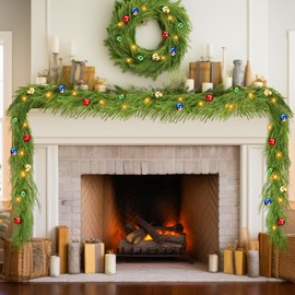 Ganeen 2 Pcs 6.5ft Real Touch Norfolk Pine Garland with 10 Christmas Ball Light Prelit Christmas Pine Garland Lighted Artificial Natural Greenery Garland Battery Operated for Mantle(5 Colors)