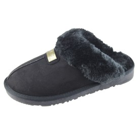 KOLLACHE Womens Fur Lined Slippers Ladies Mules Non Slip Rubber Sole Shoes Black Size UK 5 EU 38 US 7