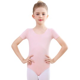 Monbessi Ballet Leotard for Girls Basic Short Sleeve Toddler Dance Outfit Cotton Gymnastics Leotards School Dance Age 2-11 Years (110, Pink)