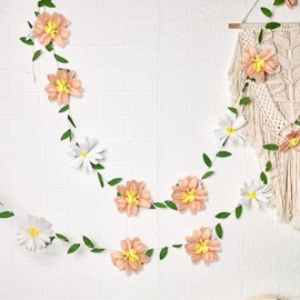 2PCS Paper Flower Garland, Paper Leaves Banner Crepe Flower Garland Decorations for Wall Anniversary Wedding Birthday Arch Decor, Floral Garland (8.2ft)