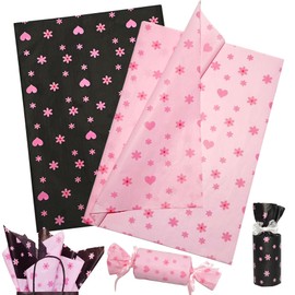 LIAPAWPAW 50 Sheets Floral Tissue Paper, Cute Pink and Black Gift Tissue Paper for Gift Bag Packaging, Hearts and Flowers Print Art Tissue for Birthday Wedding Party Decor Box basket Fillers,20x14inch
