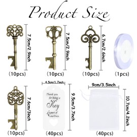 40 Pieces Bottle Opener with Vintage Key and Companion Card, Organza Bag and Ribbon for Wedding Party Favors, Rustic Decoration (40 Pieces-Bronze)