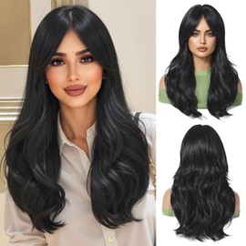 OUFEI Long Black Wig With Curtain Bangs Natural Wavy Wigs for Women Natural Synthetic Hair Heat Resistant Wigs for Daily Party Cosplay Wear