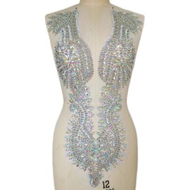 New Handmade Rhinestones Sequins Applique mesh Beaded Crystals Trim Patches for Accessory Wedding Gown Decoration 15x25Inch (AB)