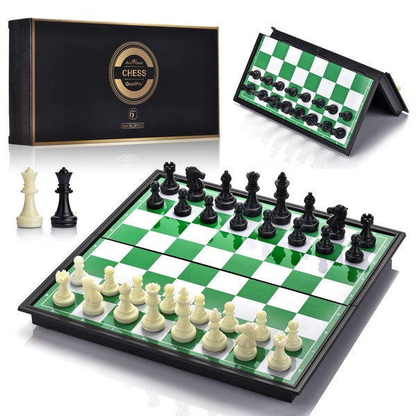 QuadPro Magnetic Travel Chess Set with Folding Chess Board & 2 Extra Queens & Convenience Bag, Educational Toys for Kids and Adults (Green & White)
