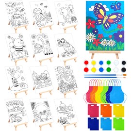 48PCS 12 Sets Printed Canvas Paint Art 12 Pcs Wooden Easel Set Paint Pots and Brushes and 12 Pre Drawn Canvas Panel 12 Pcs Mini Apron and Tote Bag for Kids(Animal)