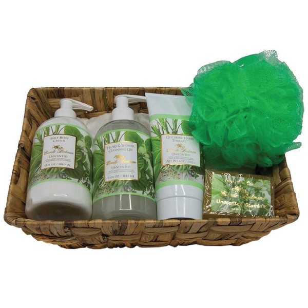 Camille Beckman Essentials Gift Basket, Vitamin E Unscented, Glycerine Hand Therapy 6 oz, Silky Body Cream 13 oz, Hand and Shower Cleansing Gel 13 oz, Glycerine Soap 3.5 oz