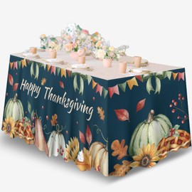 Junliang Happy Thanksgiving Table Skirt Harvest Pumpkin Table Cover Decorations for Fall Thanksgiving Party Decor Table Cloth Supplies Favors