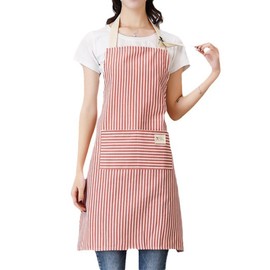 NUZAMAS Striped Aprons with Pocket Adjustable Bib Apron Cotton Linen Cute Bib Apron for for Men Women Kitchen Cooking Drawing Crafting Baking Red and Coffee