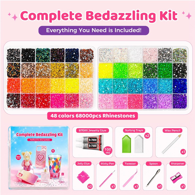 68,000Pcs 48 Colors Bedazzling Kit, 3mm Resin Jelly Flatback Rhinestones