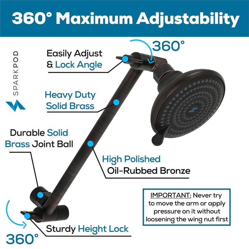 SparkPod Shower Head Extension Arm - Universal Connection - Adjustable