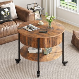 Ablefurn 26.77” Small Coffee Table, Round Fluted Lift Top Coffee Table with Storage, Rustic Central Table with Lift Tabletop for Living Room, Home Office, Brown