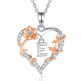 EUDORA Harmony Ball Heart Rose Necklace with Letter E for Women with Cubic Zirconia, Silver Letter Chains Initials Necklace Alphabet Pendant Jewellery with Name Gifts for Women Mother Daughter 18