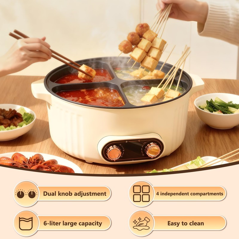 Yuidirtu Electric Hot Pot Cooker, 4 Compartment Divider Pot, 6.3QT
