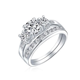 Classic Traditional 3CT Round Solitaire 3 Stone Past Present Future Solitaire Pave Band AAA CZ Anniversary Wedding Engagement Ring Set Band For Women .925 Sterling Silver