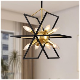 OLMCWOOL Modern Chandelier, Industrial Metal Dining Room Pendant Light,Black Gold 8-Lights Adjustable Geometric Hanging Lighting Fixtures for Kitchen, Entryway, Foyer, Stair (Black/Gold-8 Lights)