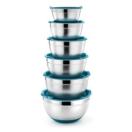 P&P CHEF Blue Mixing Bowl with Lid Set of 6, Stainless Steel Nesting Mixing Bowls for Kitchen Stirring & Storing, Size 0.7, 1, 1.5, 2, 2.6, 4.6 Qt, Tight-fitting Lid & Non-Slip Base