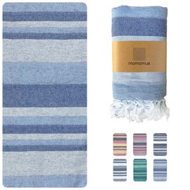 MOMOMUS Thin Picnic Blanket XXL for Beach - with Fringes - Beach Mat / Bath Blanket / Beach Blanket Sand-Free for Picnics or Lightweight Camping Blanket for Outdoor - Blue, 210 x 240 cm