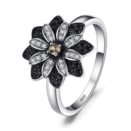 JewelryPalace Daisy Flower Sunflower Genuine Natural Smoky Quartz Black Spinel Cocktail Rings for Women, 14K White Gold Plated 925 Sterling Silver Rings for Her, Natural Gemstone Jwellery Sets P