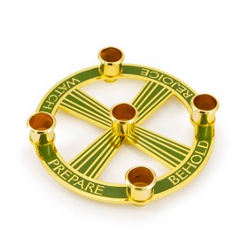 Gold Plated Advent Wreath with Green Enamel Detail – Christmas Candle Holder Centerpiece (Includes 5 Advent Candle Set)