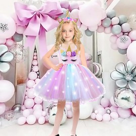 Dicodoum Unicorn Costume Birthday Decorations-Light Up Girls Party Dress Gifts Outfit, Pink, 3-4T