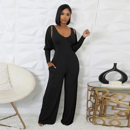 CALEBGAR Women's Casual 2 Piece Outfits Ribbed Knitted Batwing Long Sleeve Cardigan Tank Wide Leg Jumpsuits Sets With Pocket