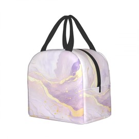 Nerxy Insulated Lunch Bag Woman 8x5x8.5inch Pink Purple Gold Marble Reusable Lunch Box Soft Cooler Tote Bag Men Kids Adults Waterproof Meal Container With Pocket for Work School Travel Office Picnic