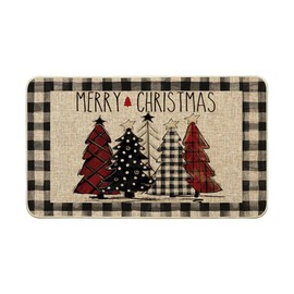 Artoid Mode Watercolor Buffalo Plaid Christmas Trees Welcome Decorative Doormat, Seasonal Winter Low-Profile Rug Switch Mat for Indoor Outdoor 17x29 Inch