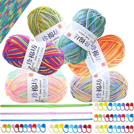 Crochet Yarn Knitting Wool (6X50g, 4-Ply), Multicoloured Acrylic Yarn Crochet Wool, Aluminum Crochet Hooks Stitch Markers,Ombre Yarn for DIY Craft Blankets Socks Dolls (6 Mixed Color)