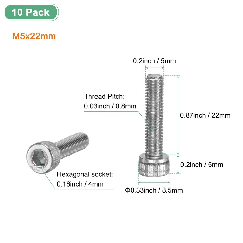 M METERXITY 10-Pack Socket Head Cap Screws Bolts M5x22mm 0.8mm