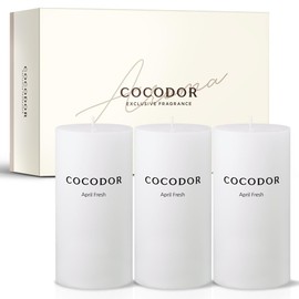 COCODOR Scented Pillar Candles, 3x6 Inch, April Fresh, Candle Set of 3, Long Buring 85 Hours, Candles for Weddings, Party, Dinner, Home Decor.
