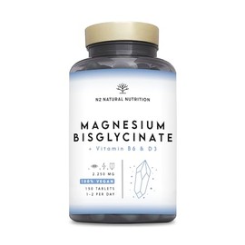 Magnesium Bisglycinate 2250 mg, 450 mg Elemental + B6 + D3 per Daily Dose, to Reduce Fatigue and Fatigue, 150 High Dose Tablets (5 Months). N2 Natural Nutrition