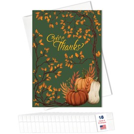 Thanksgiving Cards for Business & Family (Give Thanks) Greeting Card Set Pack of 18 Thanksgiving Cards with Envelopes (5x7 inch - A7) Great for Office, Work, Employees & Clients TH2401