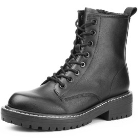 ICHIGO Women’s Fashion Ankle Booties Causal 8-Eye Side Zipper Lace-up Combat Boots(Black leather 6)