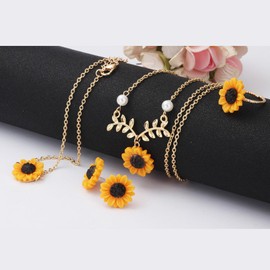 5PCS Sunflower Jewelry Set for Women Daisy Sunflower Dangle Earrings Sunflower Necklace Sunflower Bracelet Sunflower Ring Summer Jewelry Gifts for Women Girls