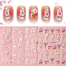 4 Sheets 5D Flower Nail Stickers for Nail Art, Embossed Nail Decals Self Adhesive Nail Art Stickers, Pink White Cherry Blossom Floral Nail Decorations Accessories for Women Girls Spring Summer