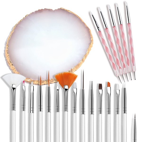 AUOCATTAIL Nail Art Design Tools 15pcs Painting Brushes Set with 5pcs 2-way Dotting Pens & A Gold-rimmed Resin Palette Nail Art Brushes Kits Nail Art Supplies Nail Art Accessories, White