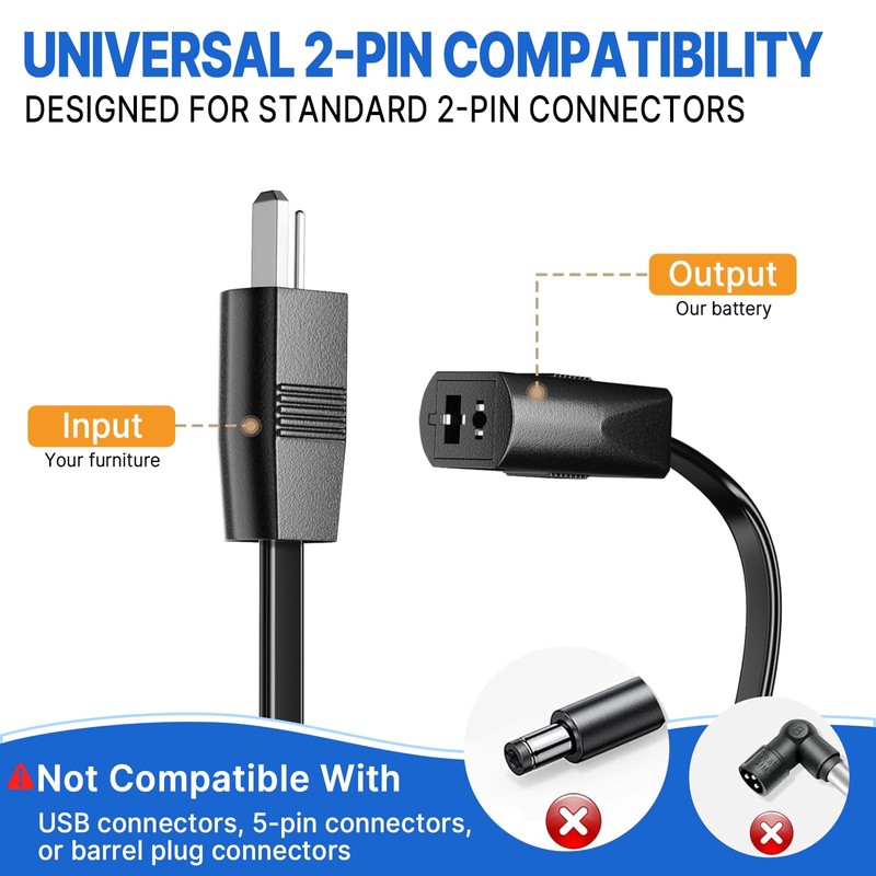 PinPure 2500mAh Recliner Battery Pack, Universal 2-Pin Power Supply with