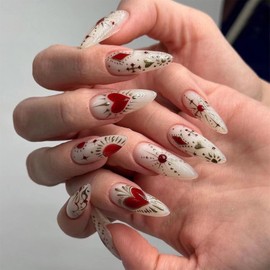 Almond Press on Nails Long Fake Nails Red Heart False Nails with Design Gold Glue on Nails Cute Glossy Full Cover Acrylic Stick on Nails Press ons for Women Manicure 24Pcs