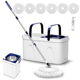 Spin Mop and Bucket with Wringer Set, Mop Bucket System Separate Clean and Dirty Water,180° Spinning 6 Microfiber Replacement Mop Pad Heads Refill,Stackable Bucket,Adjustable Handle for Floor Cleaning