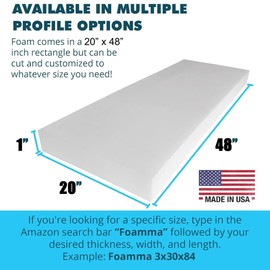 Foamma 1" x 20" x 48" High Density Upholstery Foam Cushion (Seat Replacement, Upholstery Sheet, Foam Padding) Made in USA