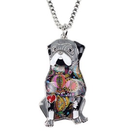 DOWAY Enamel Sitting Pug Dog Necklace for Women Girls Pet Pendant Chain Metal Jewelry Gift, enamel, sandstone