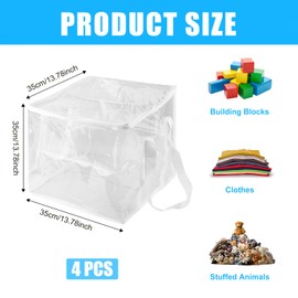 4pcs Clear Toy Storage Bags, 14x14x14" Extra Large Storage Bags with Handle PVC Zippered Toy Organizer for Clothes Puzzles Building Blocks Stuffed Animals Playroom