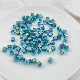 Mulutoo 100Pcs 8MM Glass Cube Crystal Beads - Square Faceted Glass Beads with Hole Spacer for Bracelets, Necklace, Earring Making Supplies (15-Peacock Blue AB)
