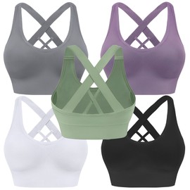 Evercute - Brasier deportivo para mujer, acolchado de apoyo medio, con tiras cruzadas, sin costuras, alto impacto, yoga, ejercicio, atlético, brasier, ① negro, blanco, gris, morado, verde, paquete de