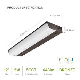 ASD 12 Inch LED Under Cabinet Lighting Hardwired, On/Off & Color Temp Switch, 5W 442LM, 5 CCT 2700K-5000K CRI90+, Dimmable Under Counter Lights for Kitchen, Linkable Under Cabinet Lights, Bronze, UL